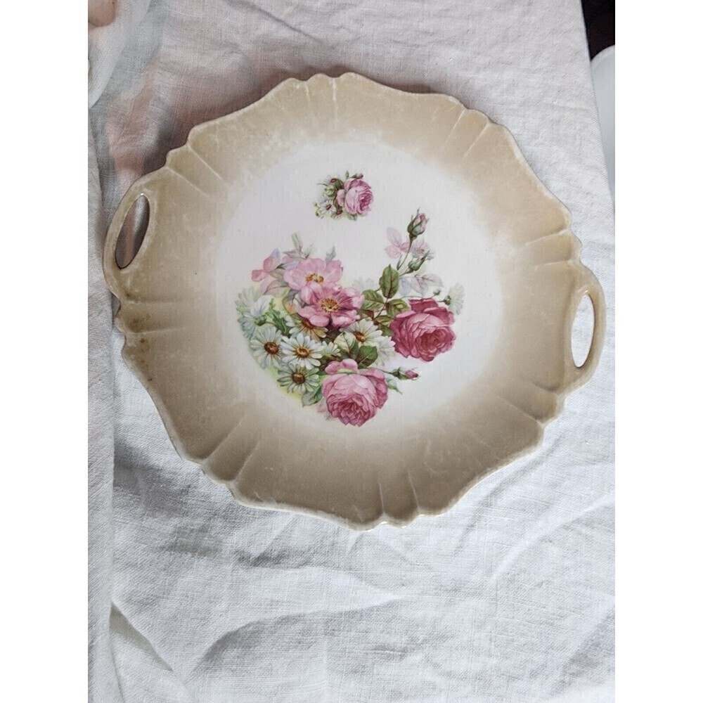 Vintage 9-1/4"  Painted Handled Plate Multi-Colored Flowers